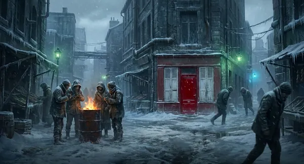 A frozen post-Crash street in Maçon, lit by green bio-lanterns, figures huddled around a barrel fire