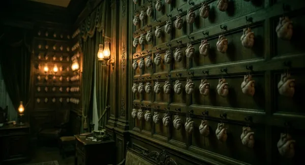 A panelled Victorian room hung with rows of anatomical heart replicas on iron hooks