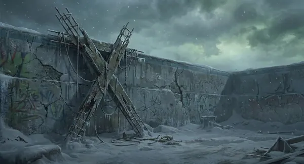A makeshift cross of rebar and rope propped against the cracked, graffitied wall of an abandoned wave pool, under snow