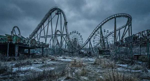 An abandoned amusement park under permanent winter: a frozen roller coaster and ferris wheel over dead, frosted grass
